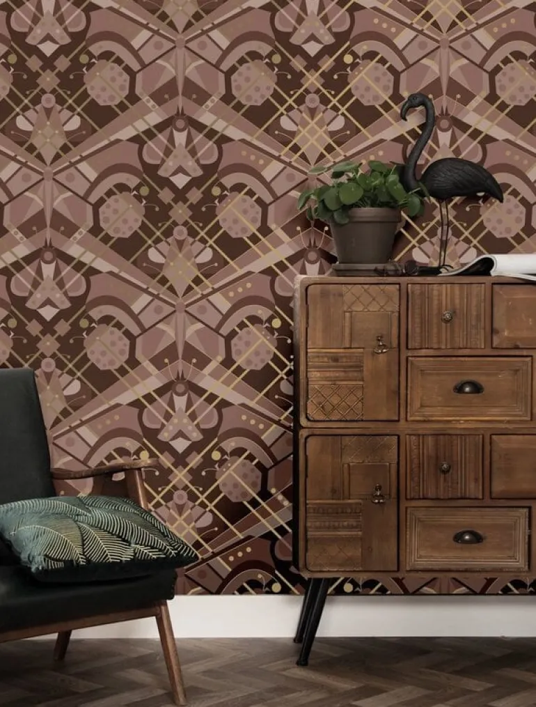 Art deco goud behang animaux butterfly - taupe