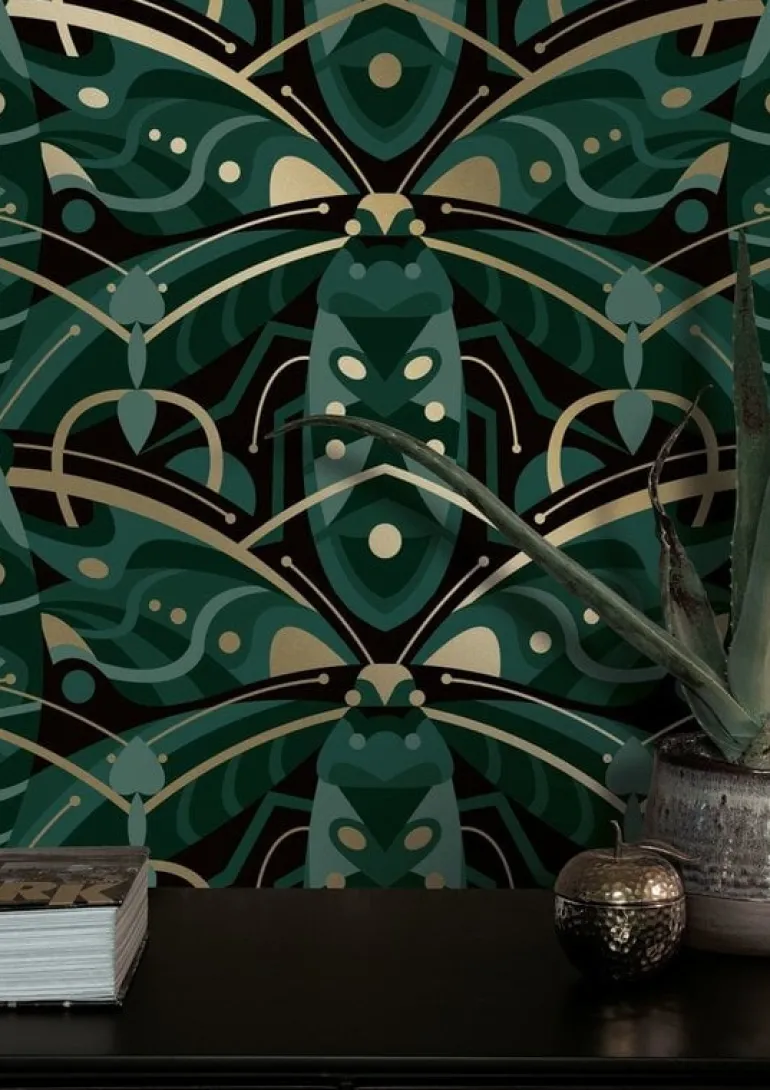 Art deco goud behang animaux beetle - groen