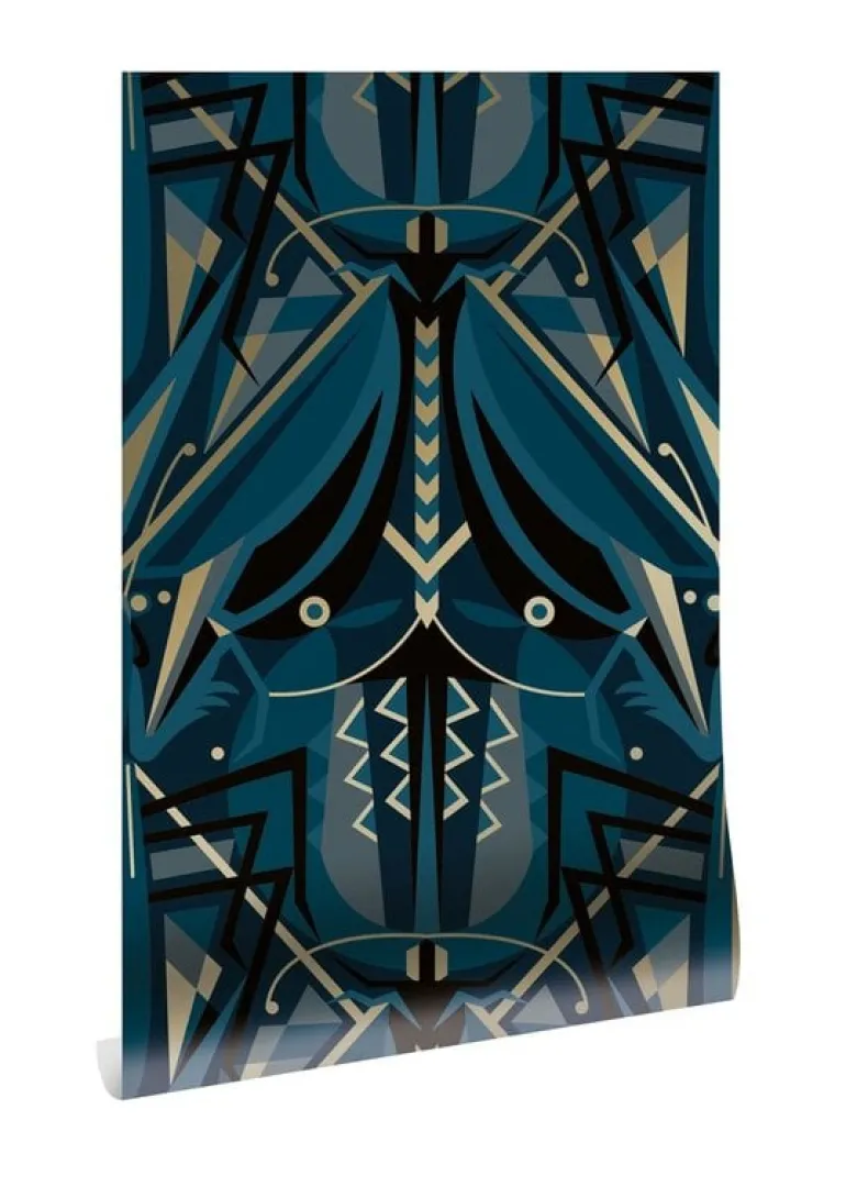 Art deco goud behang animaux grasshopper - blauw