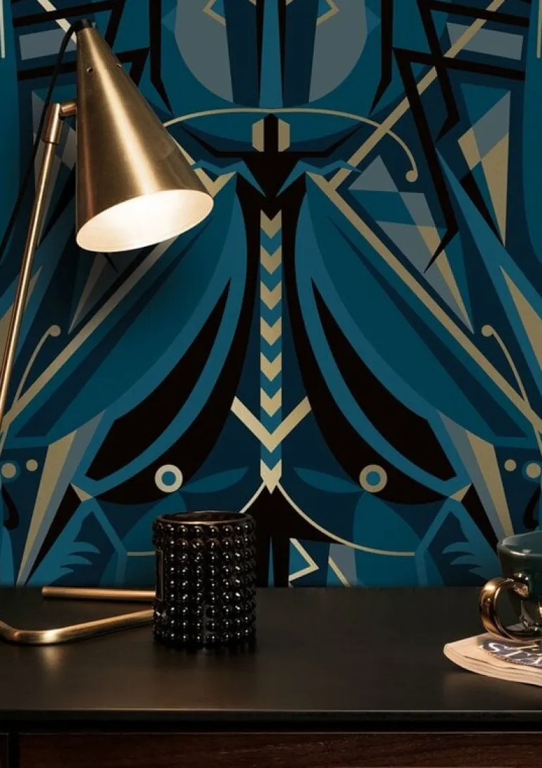 Art deco goud behang animaux grasshopper - blauw