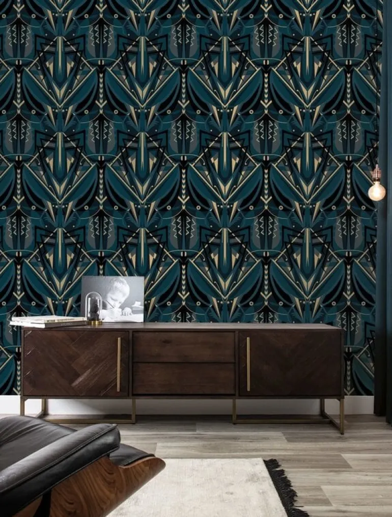 Art deco goud behang animaux grasshopper - blauw