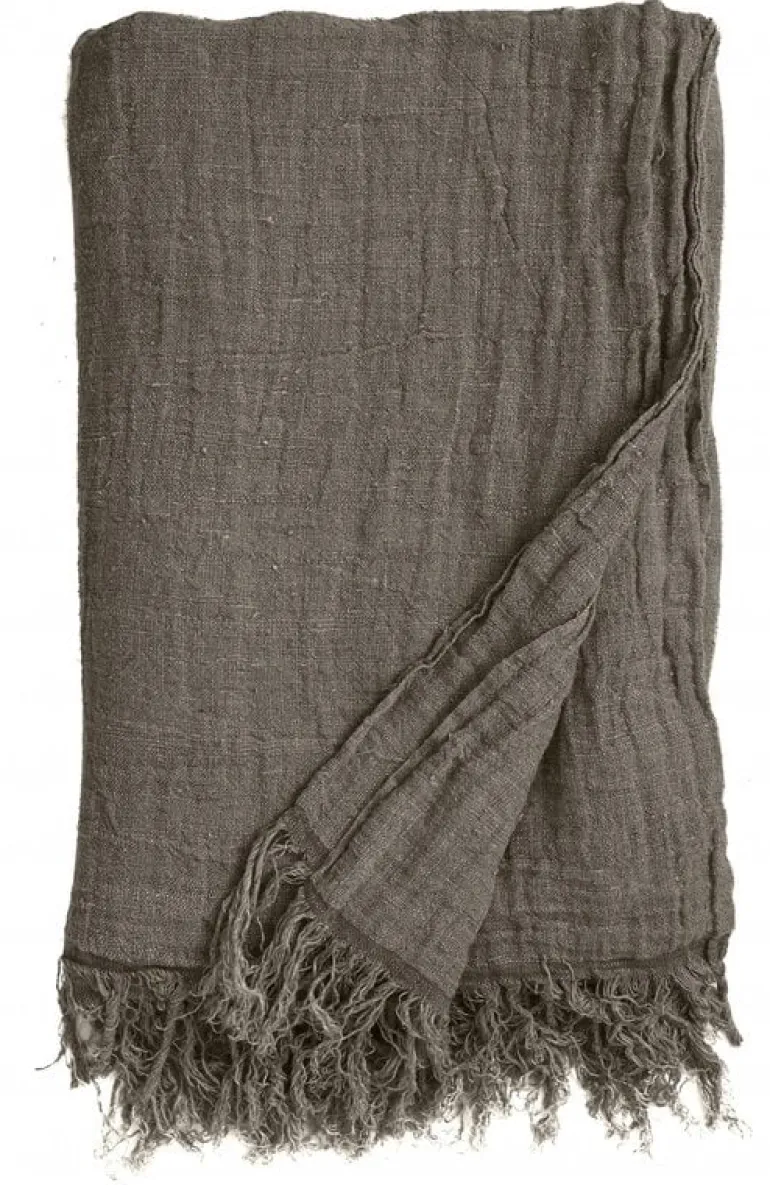 Bedsprei met franjes linnen - grijs/bruin